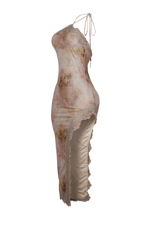 Flona Print Halter Lace Maxi Dress